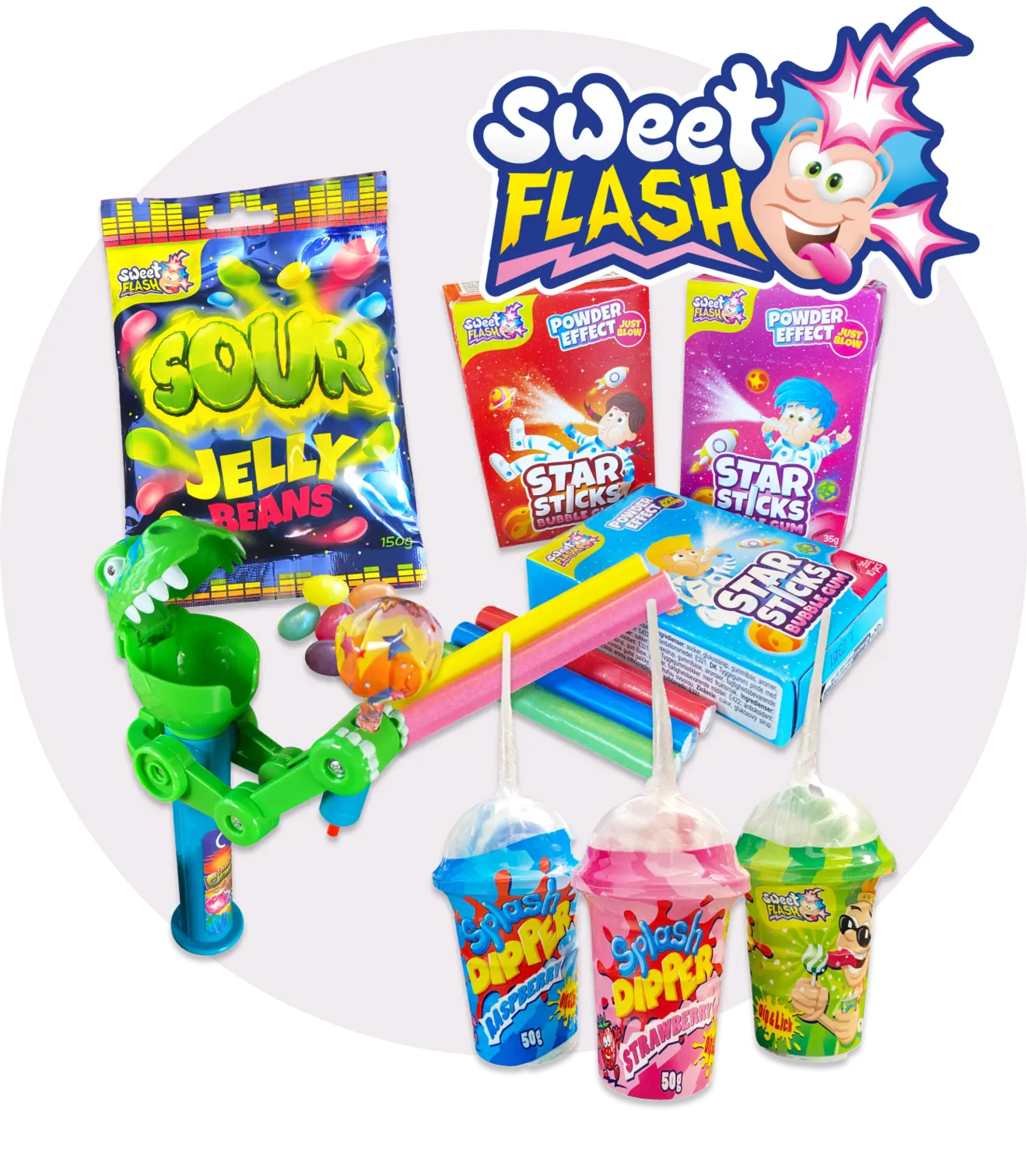 Bunte Süßigkeiten, darunter saure Geleebohnen, Sternstäbchen und verschiedene Dippbecher, sowie ein Spielzeug mit farbigen Stäben.