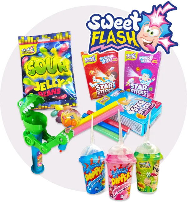 Bunte Süßigkeiten, darunter saure Geleebohnen, Sternstäbchen und verschiedene Dippbecher, sowie ein Spielzeug mit farbigen Stäben.